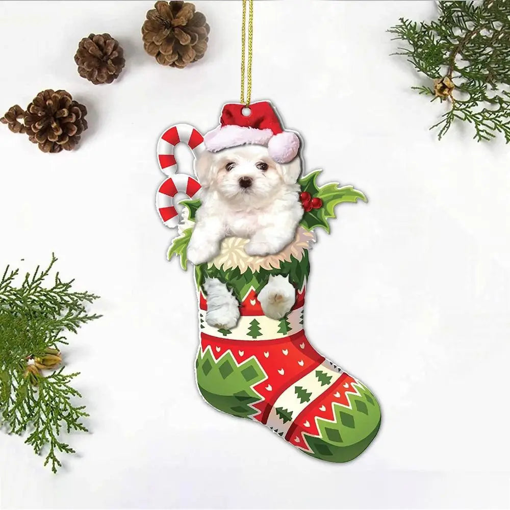 2D Christmas Dog Hanging Ornaments Cartoon Decorative Xmas Tree Dog Charms Dog/Cat Shape Acrylic Puppy Acrylic Pendant