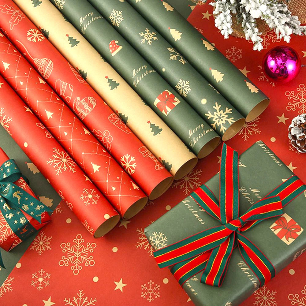 Christmas Gift Wrapping Paper Xmas Tree Snowflake Print Kraft Paper Gift Bouquet DIY Wrapping Paper New Year Packaging Supplies 