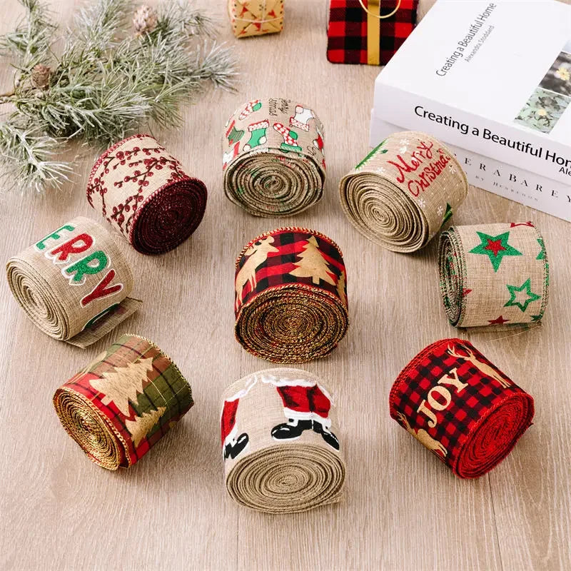 5M/Roll Christmas Ribbon Gift Packaging DIY Linen Decorations Wire Edge Roll Bundle Wrapping for Hairbows Bow Lot Floral Bouquet 