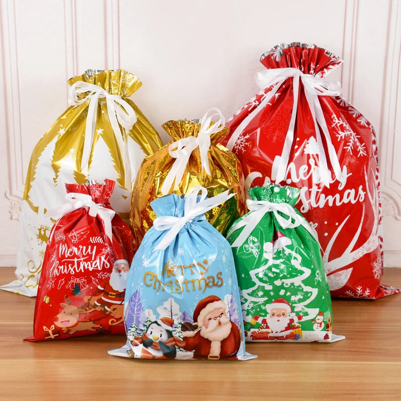 3/5Pcs Merry Christmas Drawstring Gift Bag New Year 2024 Large Candy Cookie Packaging Bag 2023 Navidad Christmas Home Decoration 