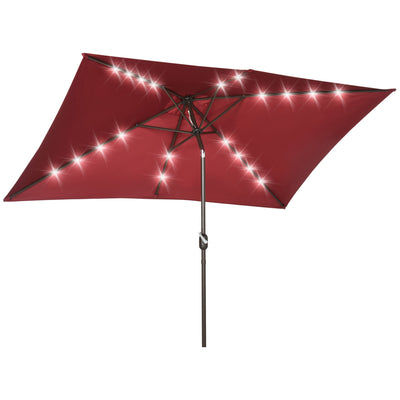 Outsunny 6.5x10ft Patio Umbrella Rectangle Solar Powered Tilt Aluminum Outdoor Market Parasol with LEDs Crank (Wine Red) 