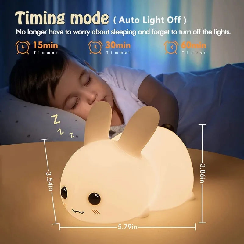 LED Rabbit Night Light with Remote Control - Dimmable RGB Silicone Bunny Lamp, Rechargeable, Touch Sensor, Ideal for Children and Babies 