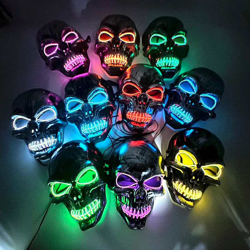 Halloween Neon Luminous Horror Mask Glowing LED Skull Mask Halloween Party Decor Cosplay Supplies Light Up Skeleton Mask Costume