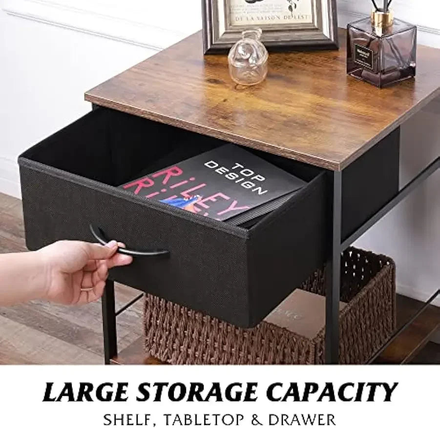 Nightstand Set of 2 - End Table with Fabric Storage Drawer and Open Wood Shelf, Steel Frame Bedside Furniture