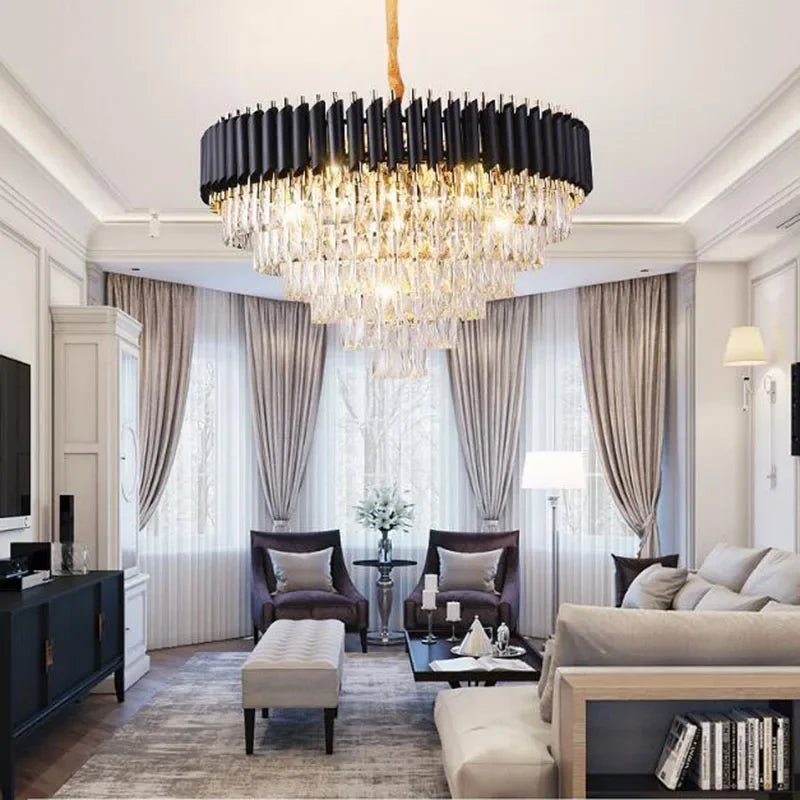 Modern Luxury Gold & Black Crystal Chandelier - LED Pendant & Ceiling Light for Living Room, Hotel, Hall