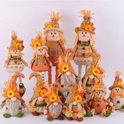 Halloween Gnomes Doll Harvest Season Maple Leaf Straw Hat Long Legs Plush Dwarf Dolls Autumn Halloween Thanksgiving Decoration 