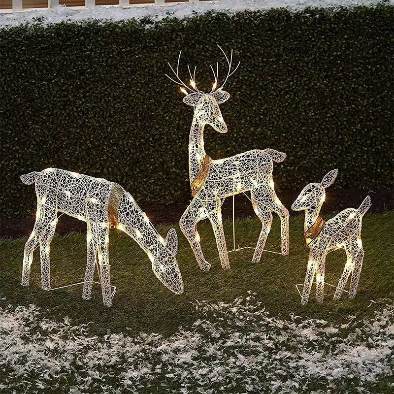 3Pcs Iron Art Elk Deer Christmas Garden Decoration With LED Light Glowing Glitter Reindeer Xmas Home Outdoor Yard Ornament Decor