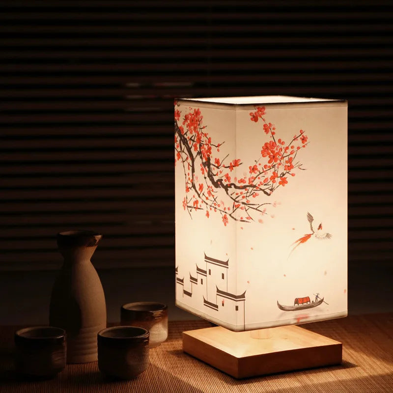 LED Square Table Lamps - Simple Chinese Style, Dimmable, EU Plug Night Light with Fabric Lampshade, Bedroom Bedside Lighting