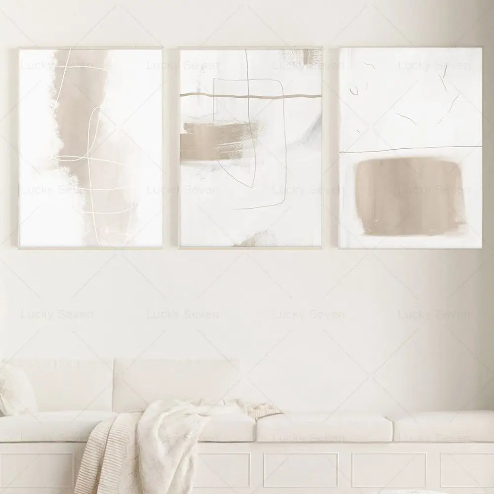 Minimalist Contemporary Abstract Line Art Print - Beige Neutral Brush Stroke Canvas Painting for Gallery Wall Decor 