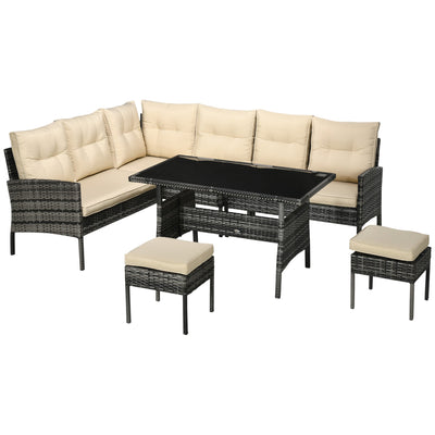 Outsunny 6pc Outdoor Patio Dining Set PE Rattan Sofa Chair Table Cushions Khaki 