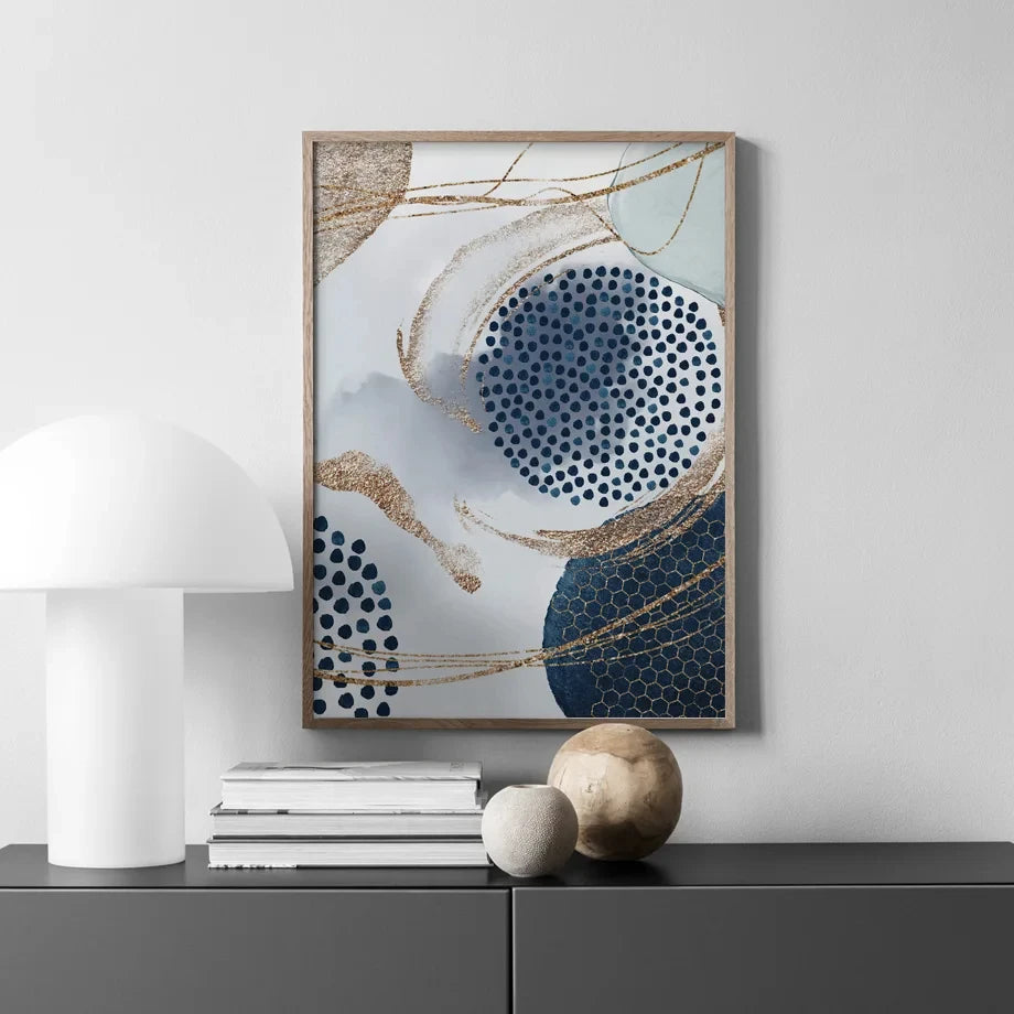 Abstract Watercolor Blue & Gold Geometric Shapes – Canvas Painting, Poster Print, Wall Art for Living Room Home Decor 