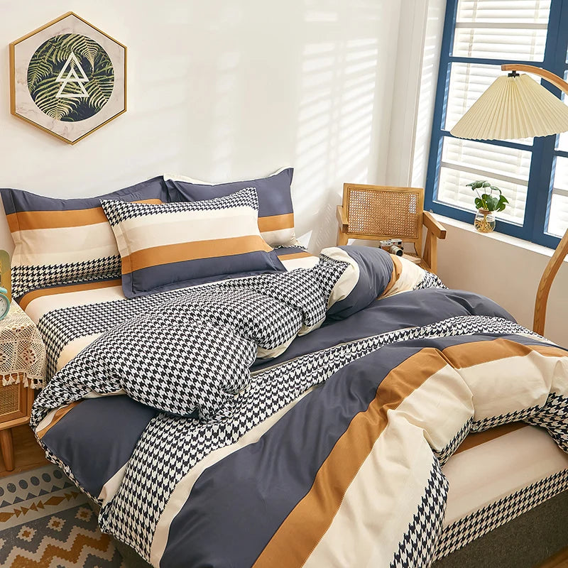 3PCS Stripe Duvet Cover Set – 100% Cotton, Geometric Pattern, Queen/King Size, Reversible Comforter Cover with Pillowcases 