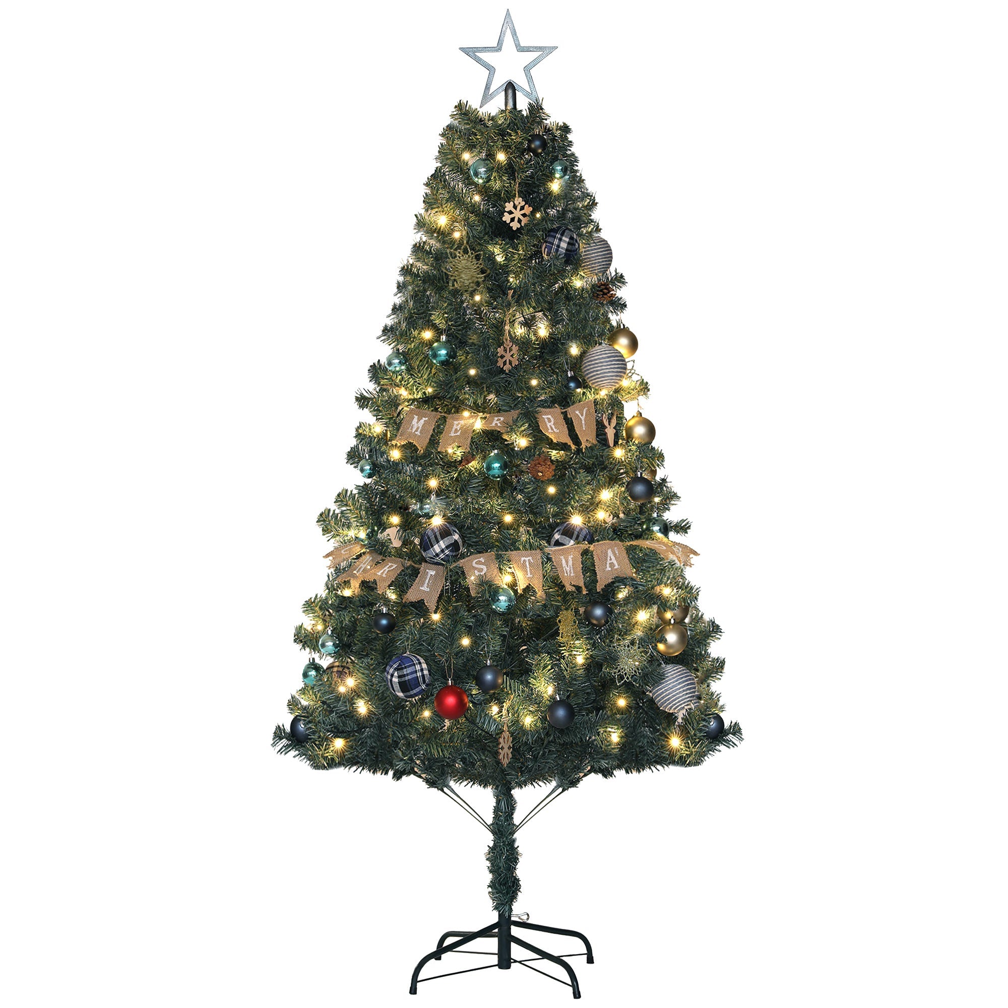 HOMCOM 6ft Artificial Prelit Christmas Tree with 150 Warm White LED Lights, Pre Decorated Xmas Tree for Home Office Holiday 