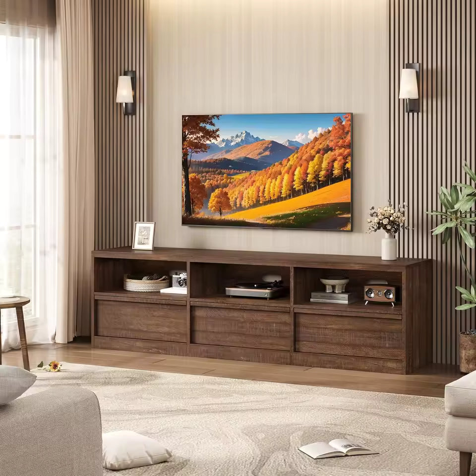Modern 70" TV Stand with Storage for TVs Up to 85" | Mid-Century Entertainment Center with Drawer & Open Shelves