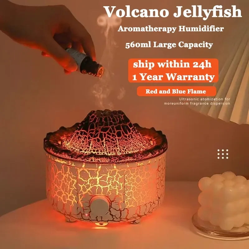 560ml Volcano Flame Air Humidifier – Aromatherapy Diffuser, Essential Oil Jellyfish Smoke Aroma, Room Fragrance Decor