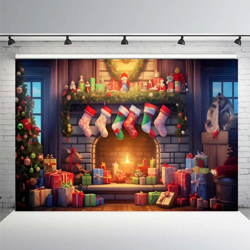 Christmas Fireplace Background Winter Xmas Tree Shining Candle Balloon Gifts Party Decor Child Backdrop Portrait Photo Studio