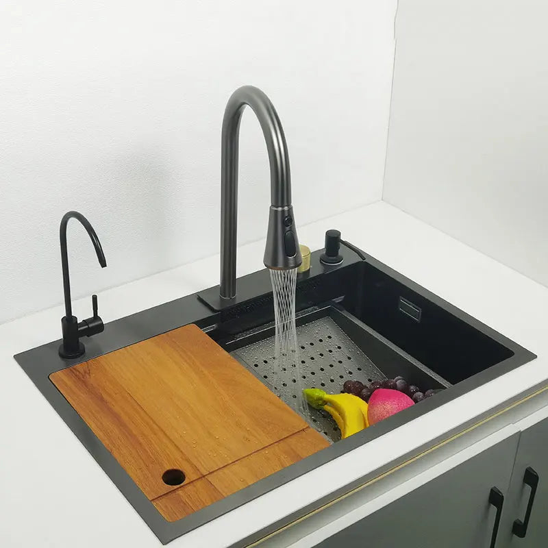 Gun Grey Kitchen Sink with Waterfall Faucet - Nano 304 Stainless Steel, Dark Gray, Topmount Single Bowl with Chopping Board