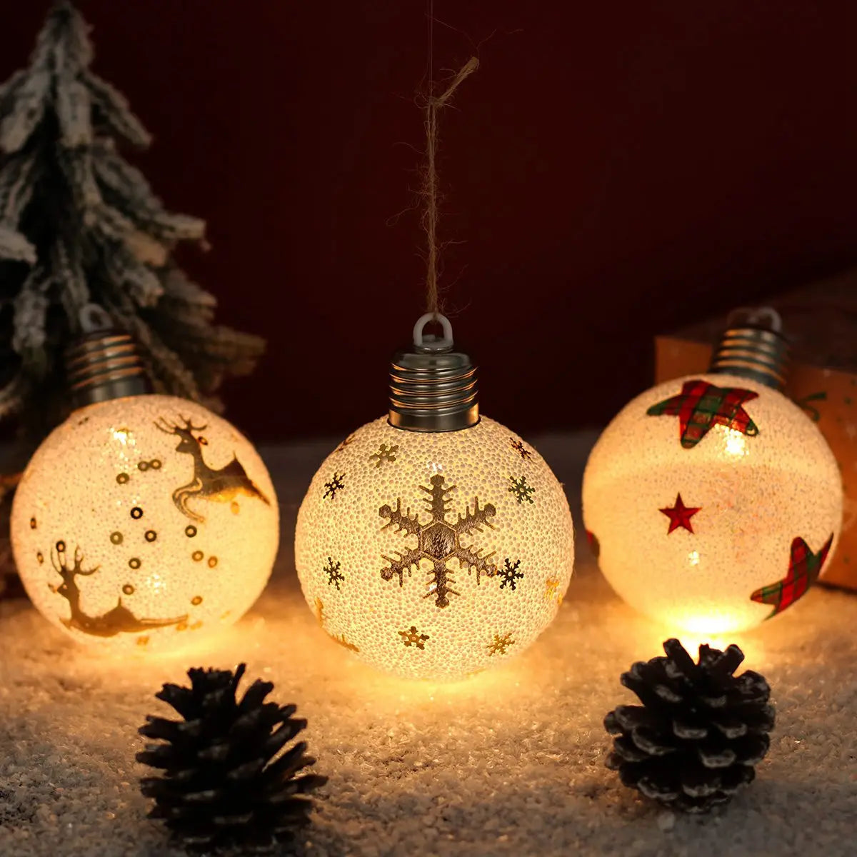 2023 LED Christmas Ball Lights Snowflake Elk Pattern Xmas Tree Hanging Pendant Ornaments Christmas Decorations for Home New Year