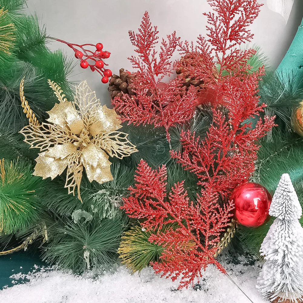 Artificial Pine Leaves Branches Christmas Gold Silver Fake Plants Glitter Garland Xmas Tree Ornament Home Room Decoration Plant