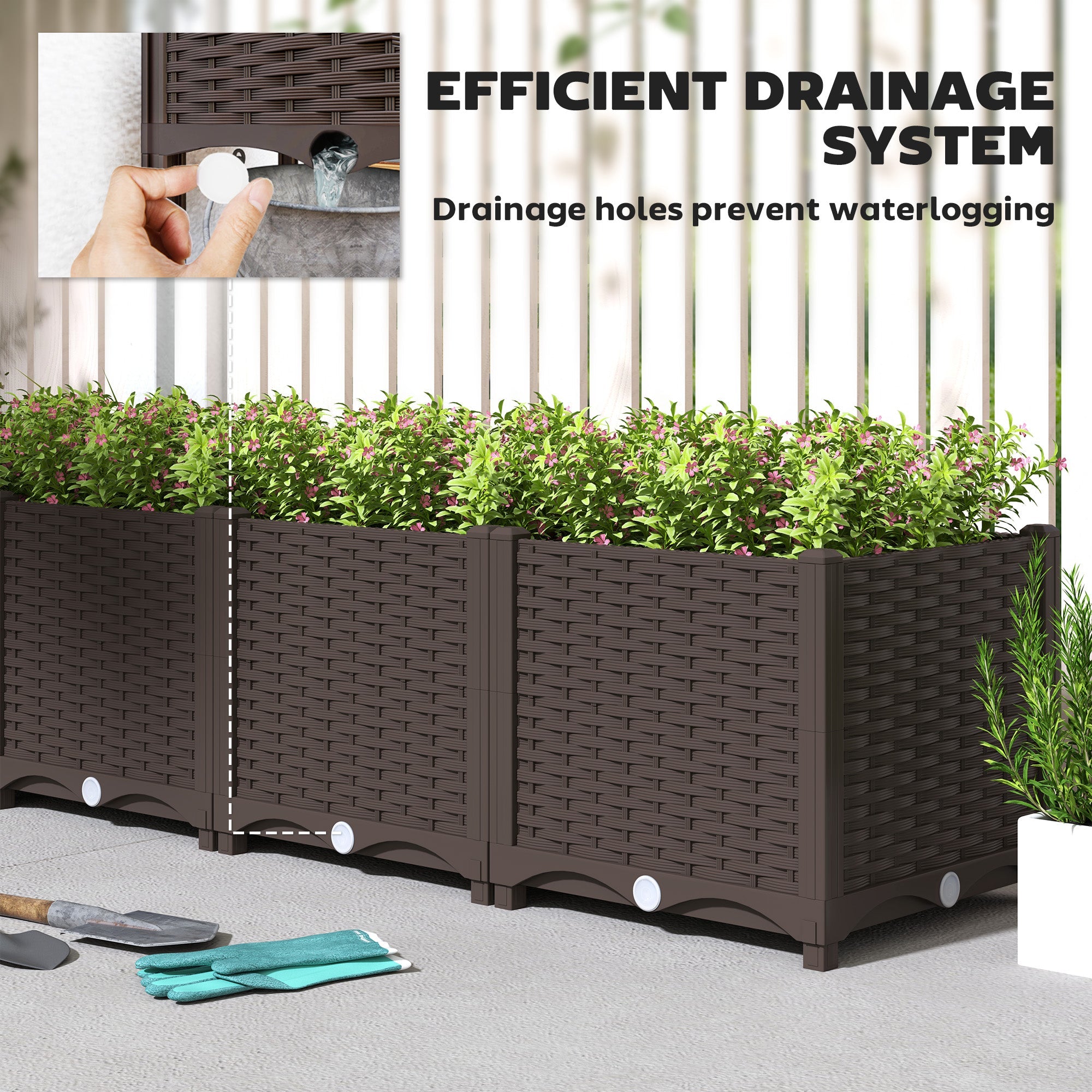 Outsunny Plastic Raised Garden Bed, Outdoor Planter Box with Drainage Holes for Patio, Balcony, 63" x 15.7" x 14.6", Brown 