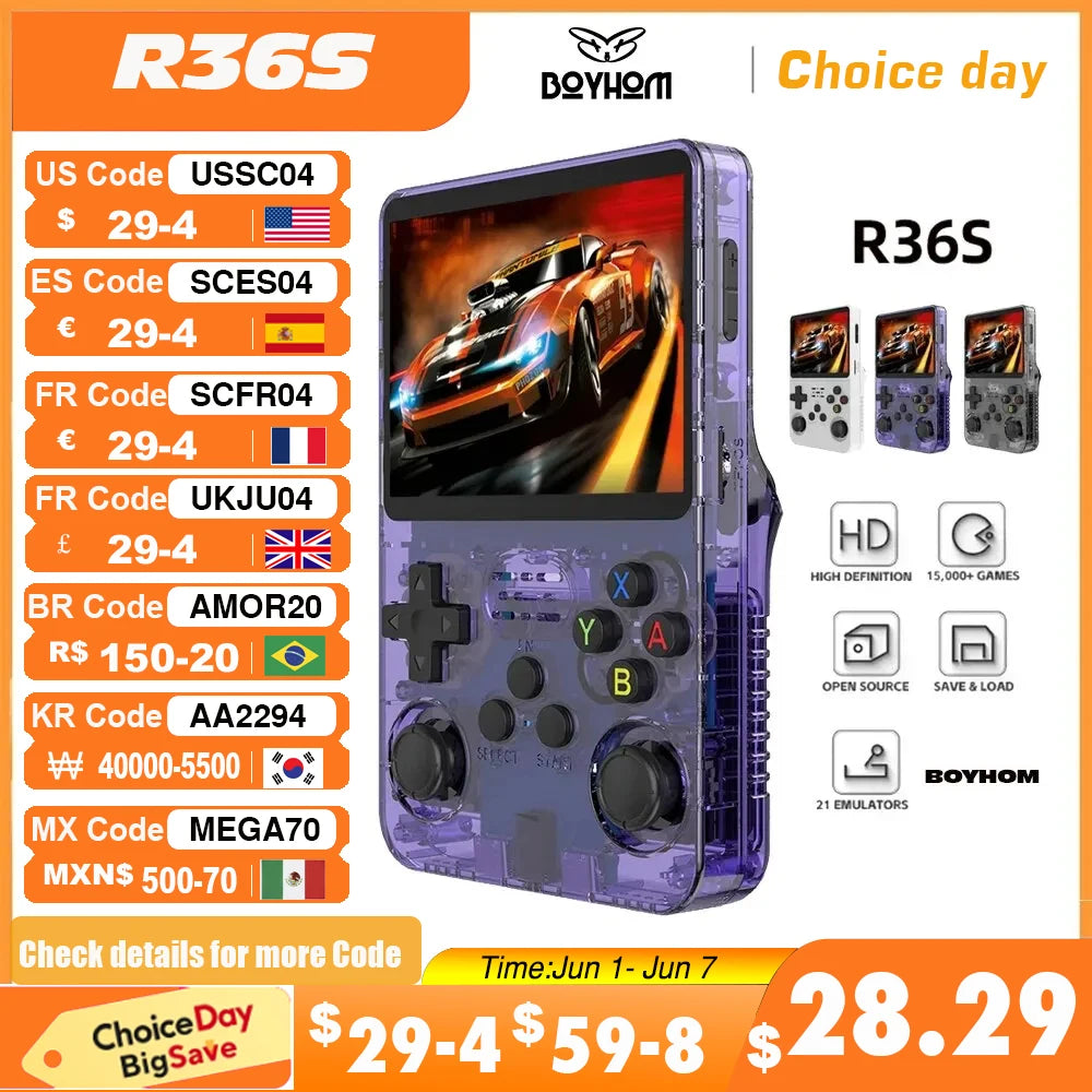 Open Source R36S Retro Handheld Video Game Console - Linux System, 3.5-Inch IPS Screen, Portable Pocket Video Player, 64GB Games