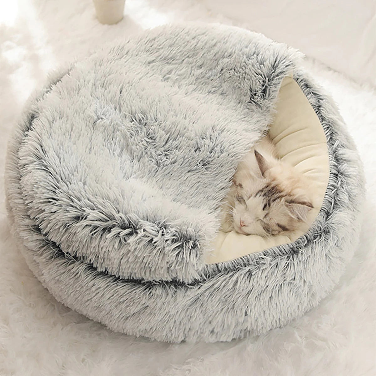 Cat Bed Round Plush Fluffy Hooded Cat Bed Cave, Cozy for Indoor Cats or Small Dog beds, Doughnut Calm Anti-nxiety Dog Bed 