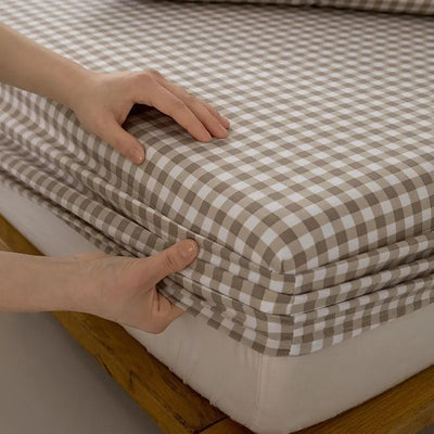 Korea Style Checkered Fitted Sheet - Single & Adult Couple, Washed Cotton Bed Cover, Mattress Protector, Fully Enclosed Package 