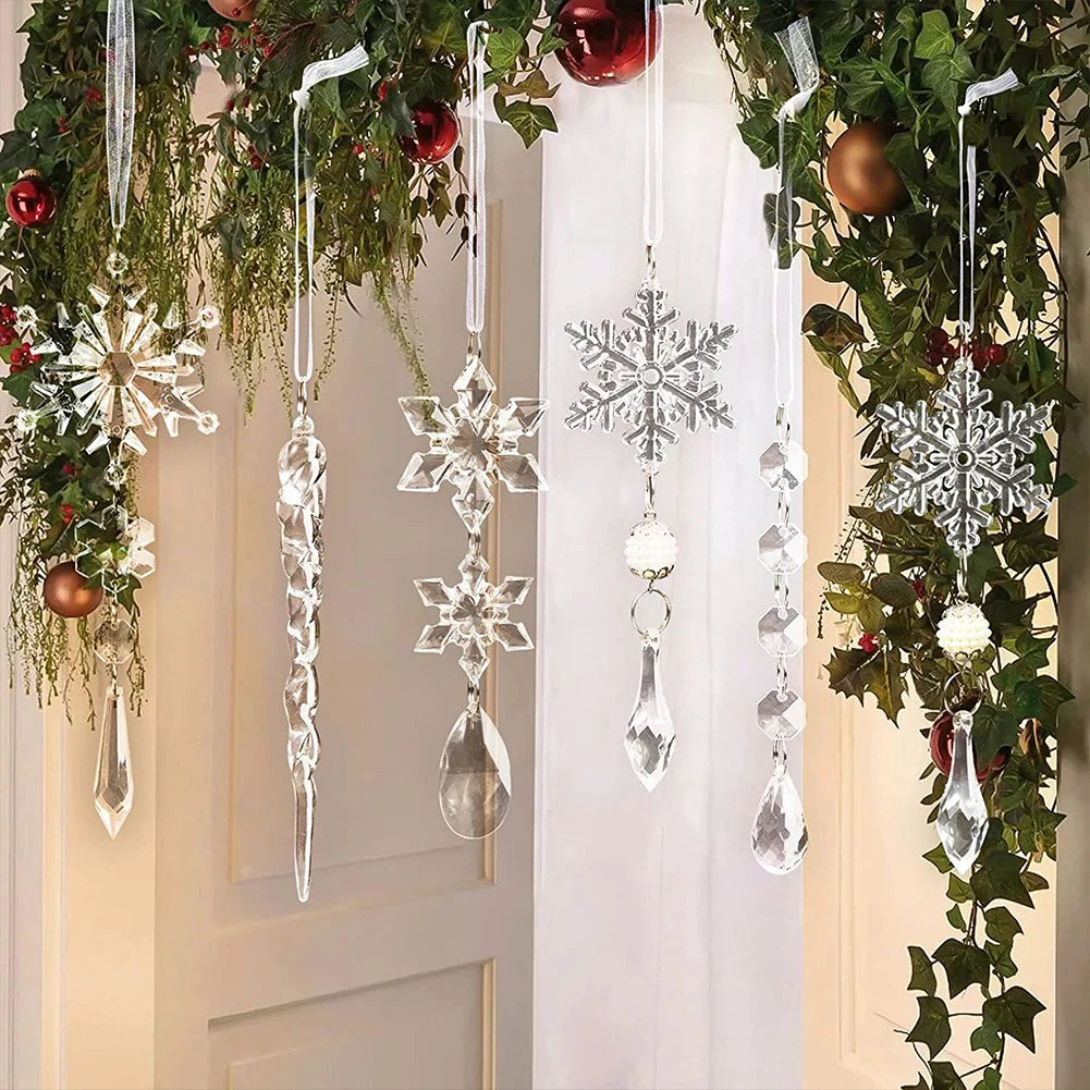 10 PCs Crystal Christmas Ornaments Hanging Acrylic Christmas Snowflake Icicle Drop Crystal Ornaments Christmas Tree Decorations 