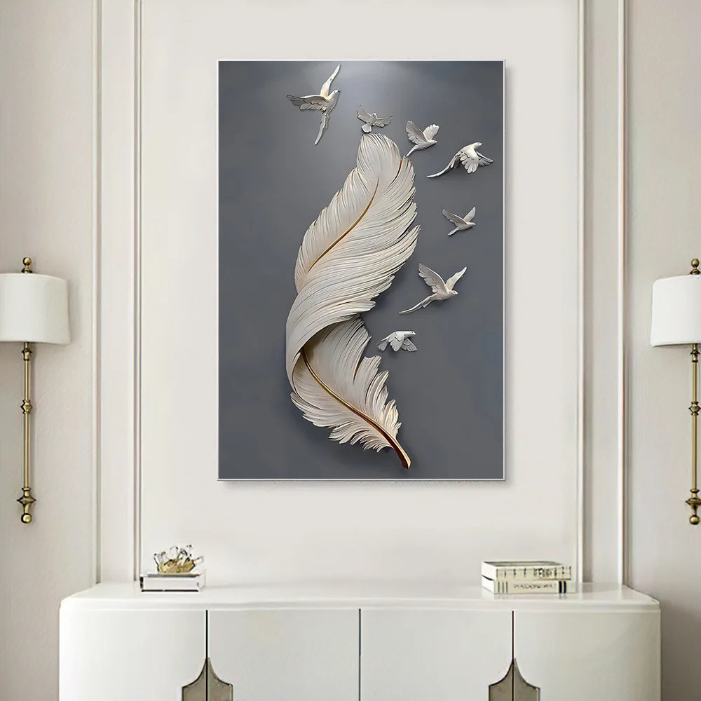 3D Effect Feather Pigeon Canvas Painting – Modern Wall Art Poster, Abstract Minimal Picture, for Living Room Home Decor 