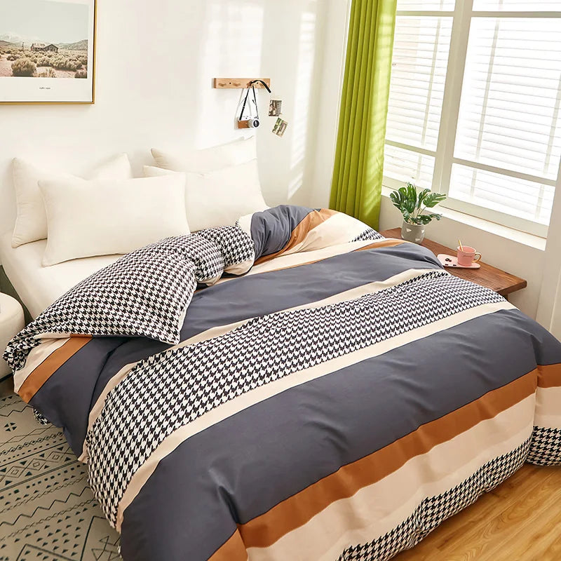 3PCS Stripe Duvet Cover Set – 100% Cotton, Geometric Pattern, Queen/King Size, Reversible Comforter Cover with Pillowcases 