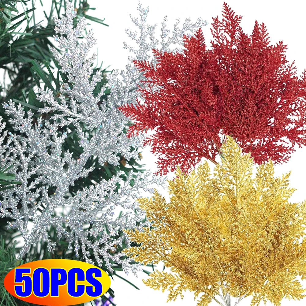 Artificial Pine Leaves Branches Christmas Gold Silver Fake Plants Glitter Garland Xmas Tree Ornament Home Room Decoration Plant