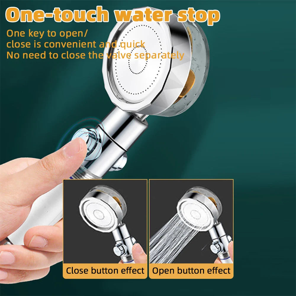 Powerful Pressurized Shower Set Fan Filter Showerhead One Touch Water Stop Sprayer Water Saving Handheld Showerheads