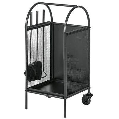 Outsunny 15" Outdoor Firewood Rack with Wheels and Tools, Heavy Duty Wood Storage Stacker, Indoor Outdoor Log Rack, Black 
