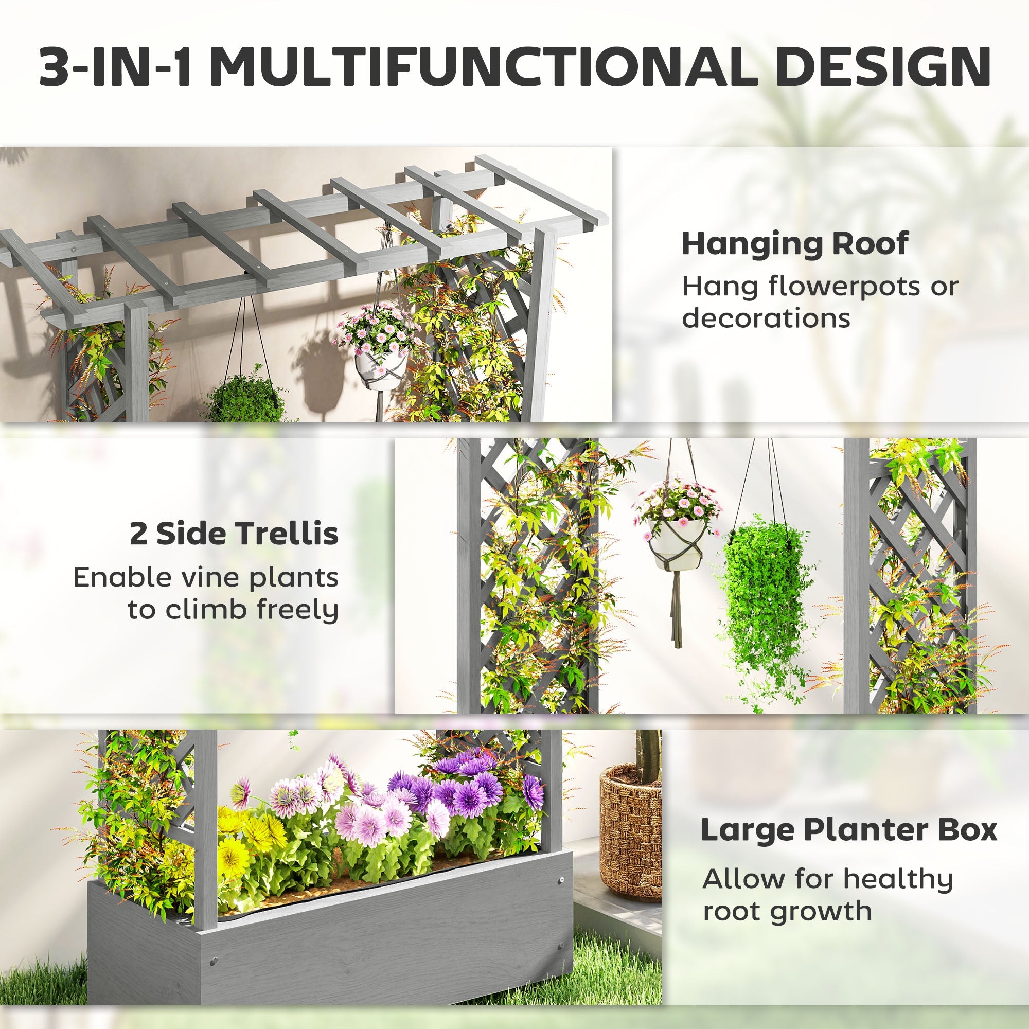 Outsunny Wooden Raised Garden Bed with Trellis, Outdoor Planter Box with Hanging Roof, Drainage Holes and Bed Liner 