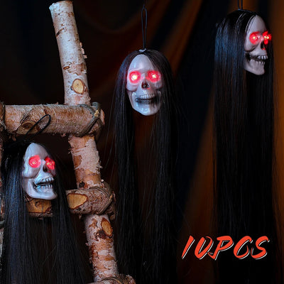 Halloween Hanging Ghosts Skeleton Long Hair Female Ghost Glowing Eyes Horror Skull Haunted House Secret Room Decoration Props 
