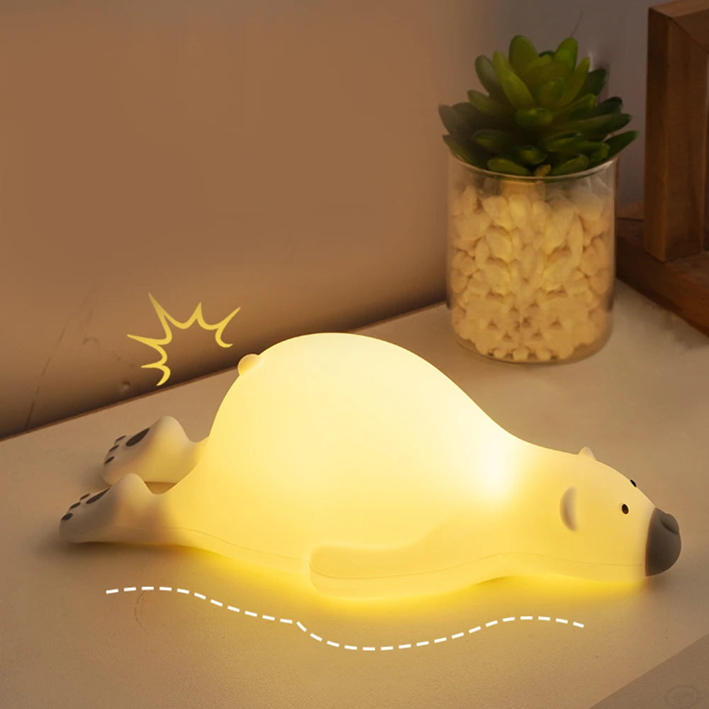 Silicone Lazy Bear LED Night Light - Cute Animal Kids Night Lamp with Touch Control, USB Rechargeable, Ideal Gift for Baby 