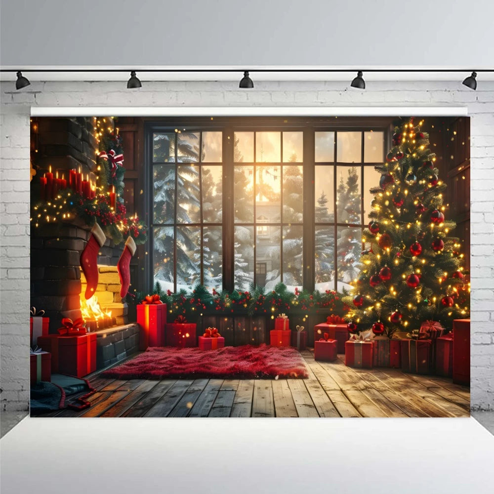 Christmas Fireplace Background Winter Xmas Tree Shining Candle Balloon Gifts Party Decor Child Backdrop Portrait Photo Studio