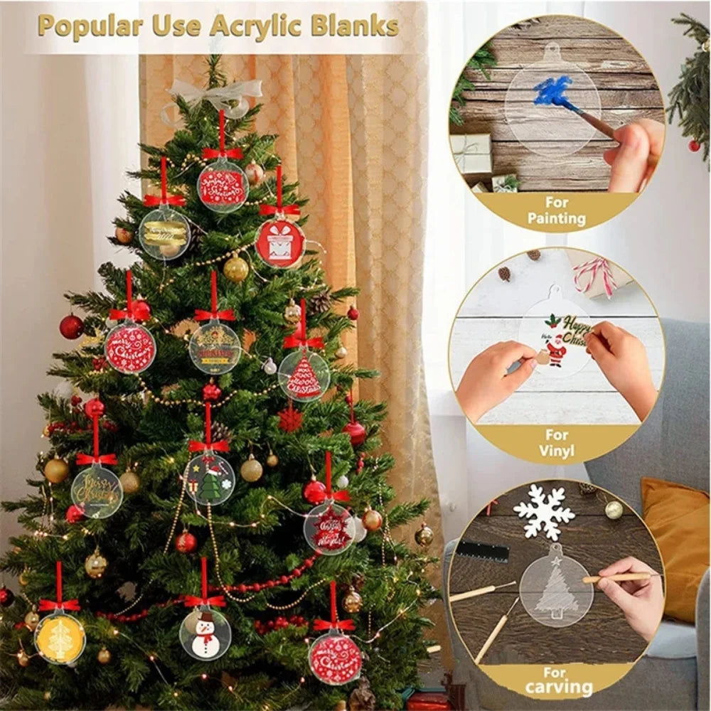 Xmas Acrylic Circles Discs Clear Blanks DIY Christmas Tree Hanging Decorations Keychain Charms Bauble Transparent Ornament Disc