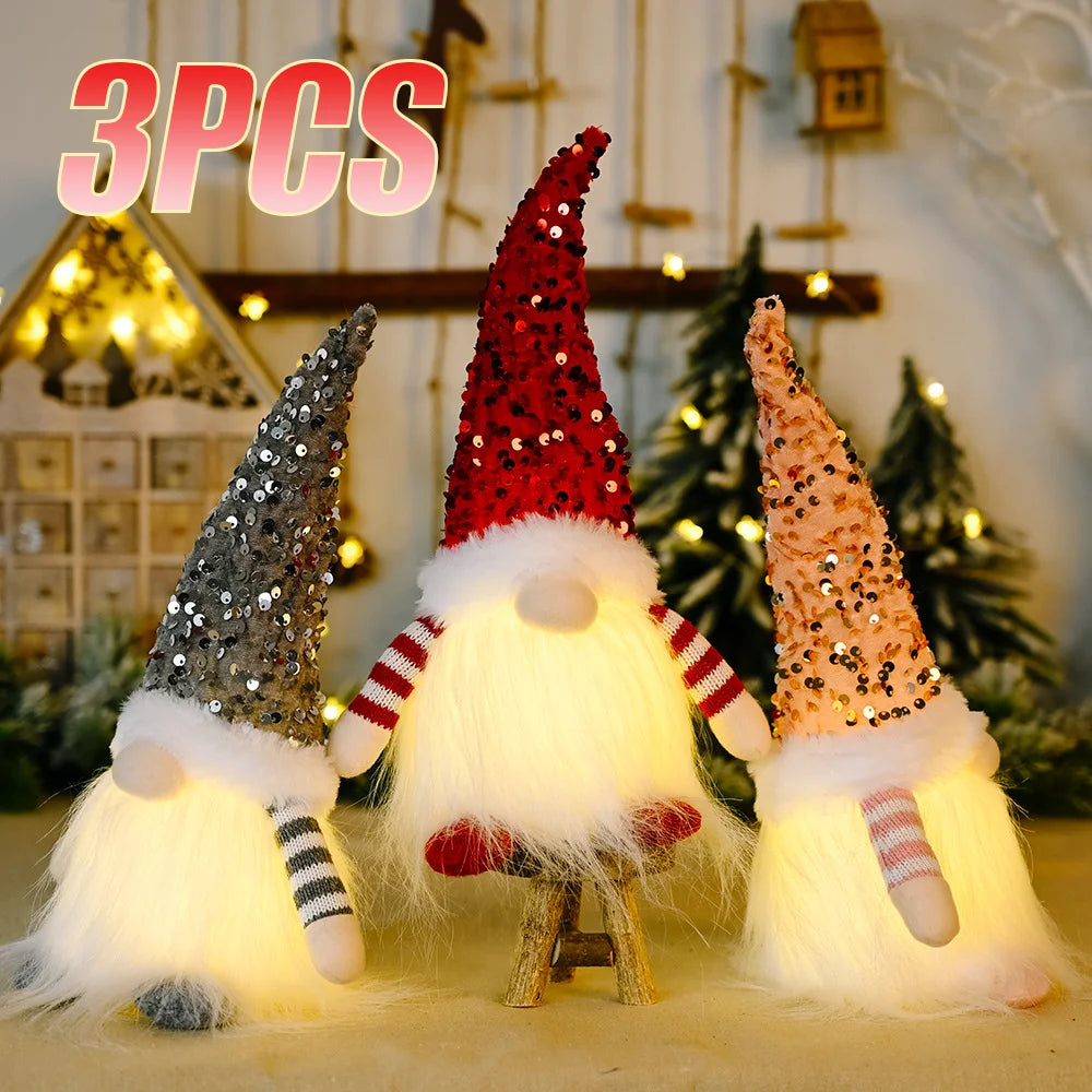 3PCS Christmas Dwarf Christmas Sequins With Lights Rudolph Doll Christmas Desktop Decoration Light Up Faceless Doll Ornament 