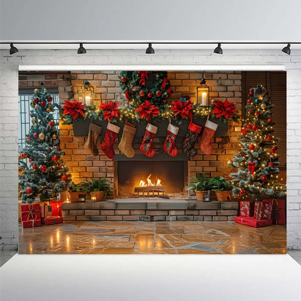 Christmas Fireplace Background Winter Xmas Tree Shining Candle Balloon Gifts Party Decor Child Backdrop Portrait Photo Studio