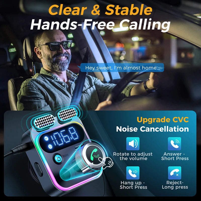 Joyroom Bluetooth 5.3 FM Transmitter for Car with Dual Mics, Deep Bass Sound, and 48W PD & QC3.0 Fast Charger 