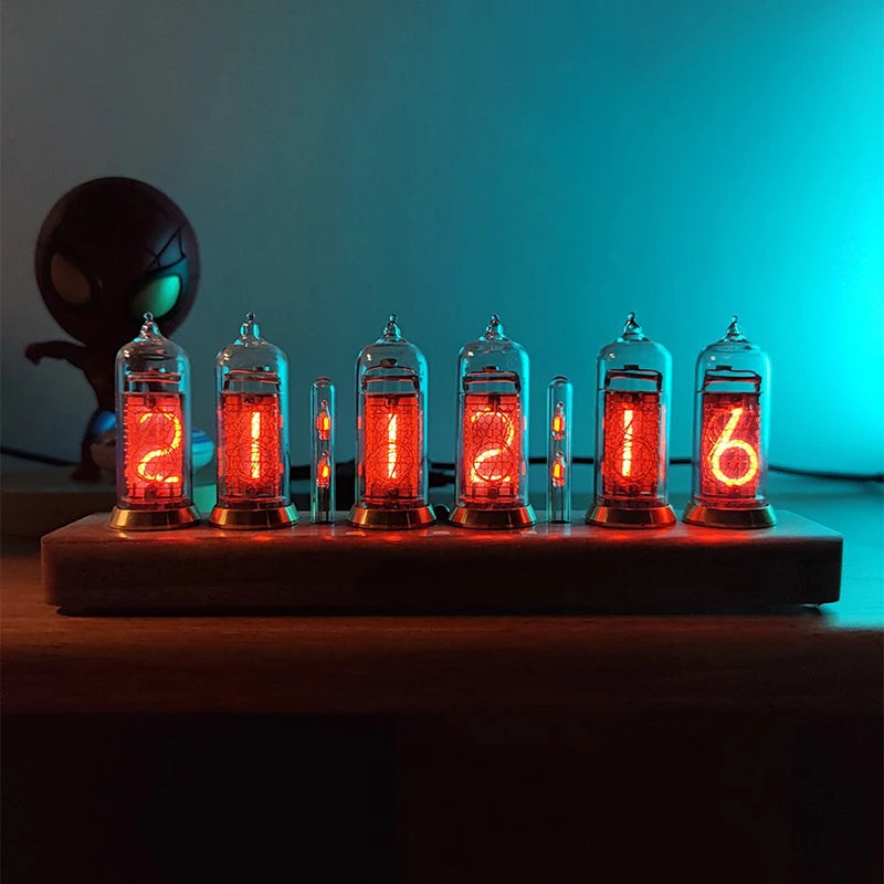 Luxury Nixie Tube Clock DIY Kit – IN-14 Digital Glow Tube Clock, Retro Wood Desk Clock with Bluetooth Control, Unique Vacuum-Tube Gift