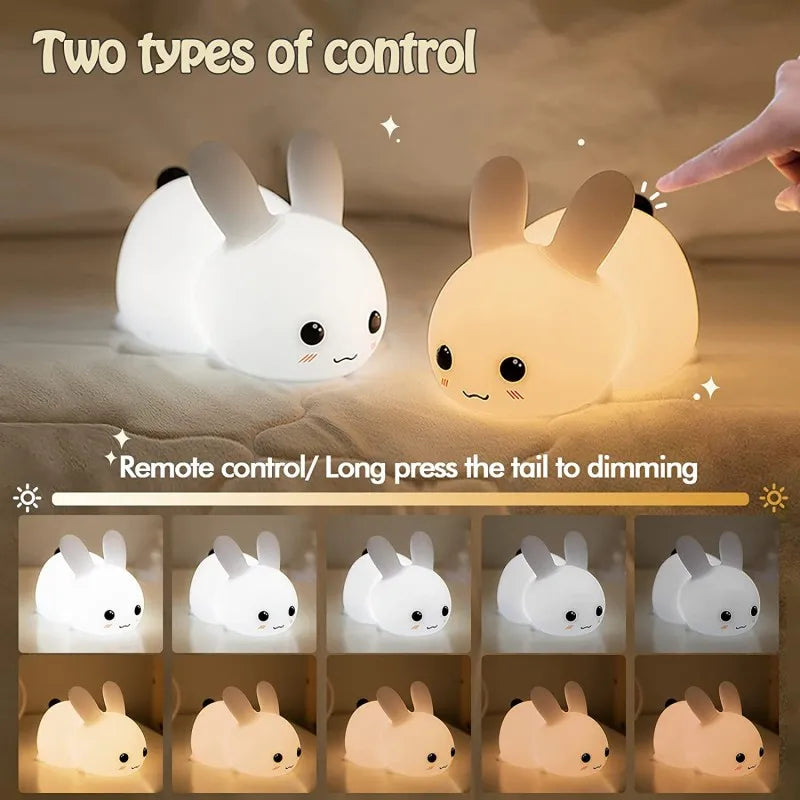 LED Rabbit Night Light with Remote Control - Dimmable RGB Silicone Bunny Lamp, Rechargeable, Touch Sensor, Ideal for Children and Babies 