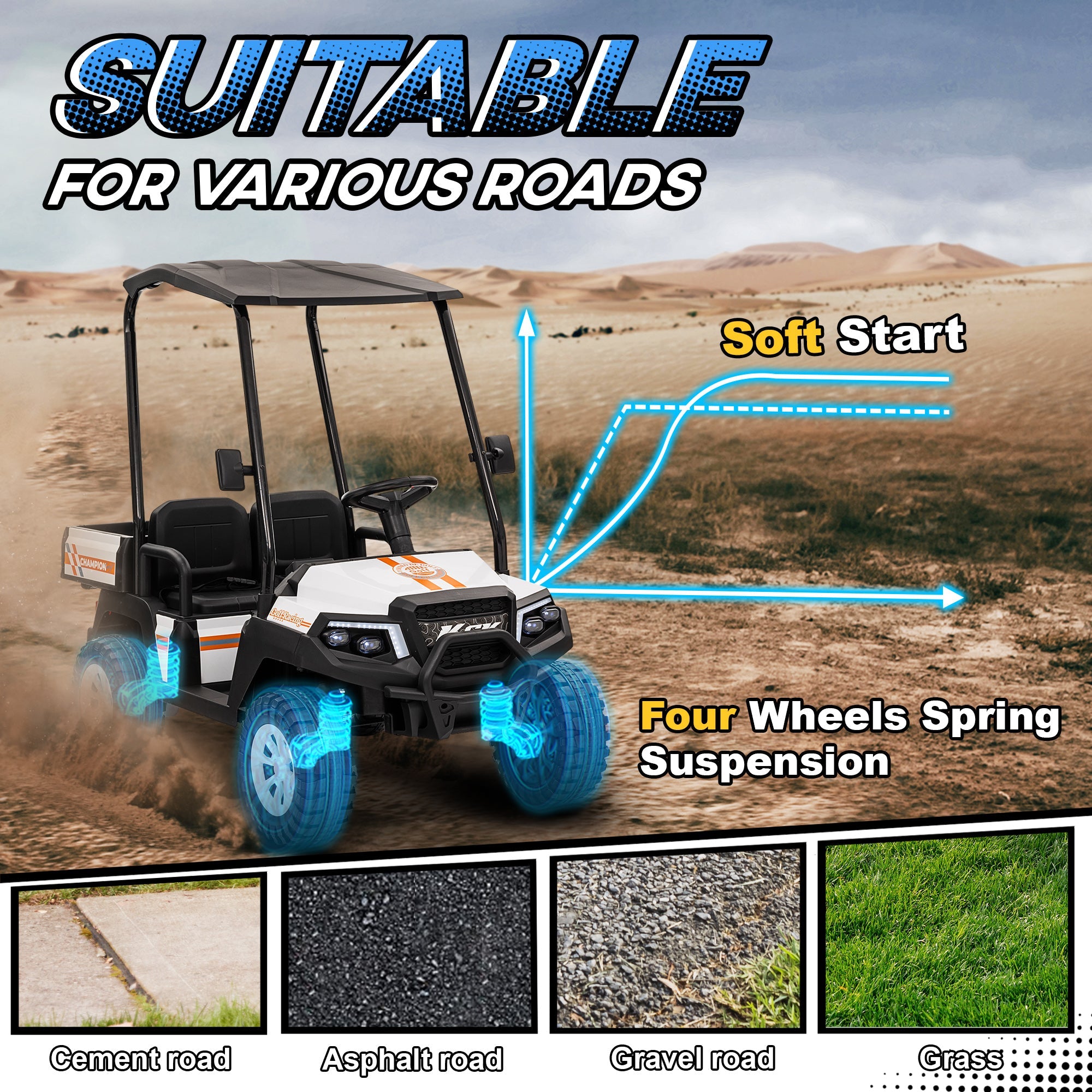 Qaba 24V 2 Seater Electric Car for Kids w/ Remote Control, 4 Wheels Spring Suspension, Soft Start, Storage, Sunshade, White 