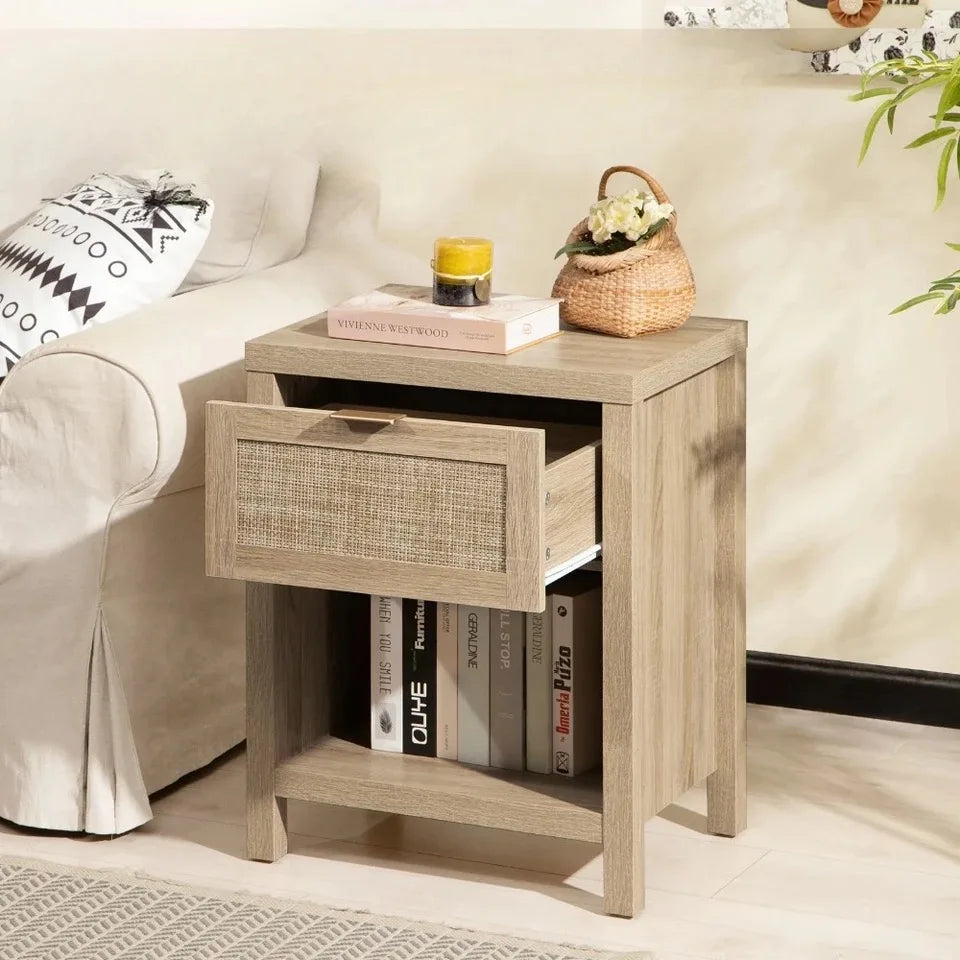 Rattan Nightstand Bedside Table – Natural Boho End Table with Drawer and Storage Shelf