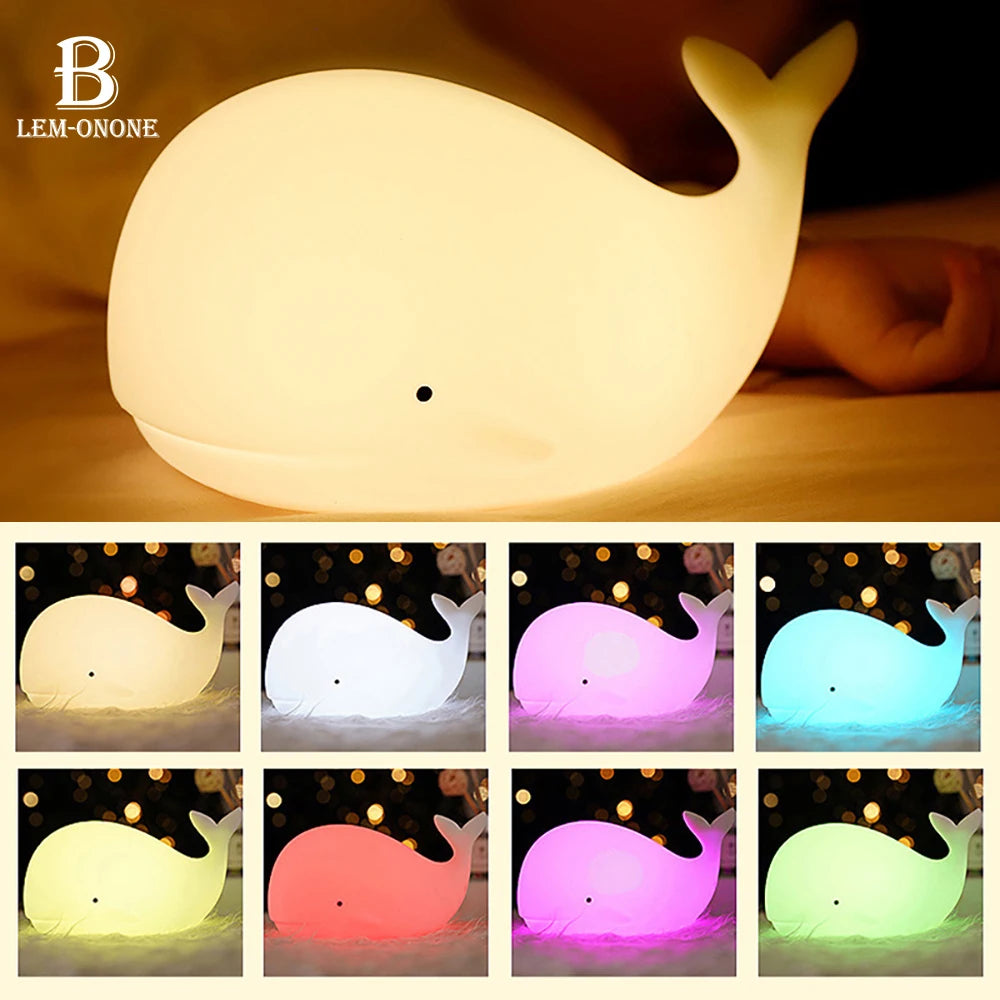 LED Cartoon Whale Night Light - Rechargeable RGB Silicone Lamp, Atmosphere Lighting for Kids' Bedrooms, Bedside Decor, Holiday Gifts