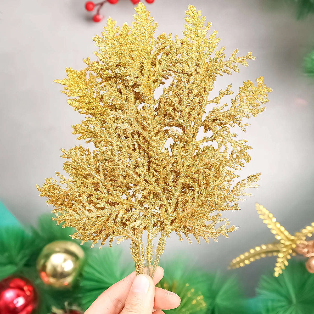 Artificial Pine Leaves Branches Christmas Gold Silver Fake Plants Glitter Garland Xmas Tree Ornament Home Room Decoration Plant