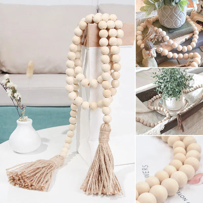 Wood Bead Garland Farmhouse Wall Hanging Home Decor DIY Handmade Garland with Jute Rustic Wall Tassel Bead Ornament Boho Gift 