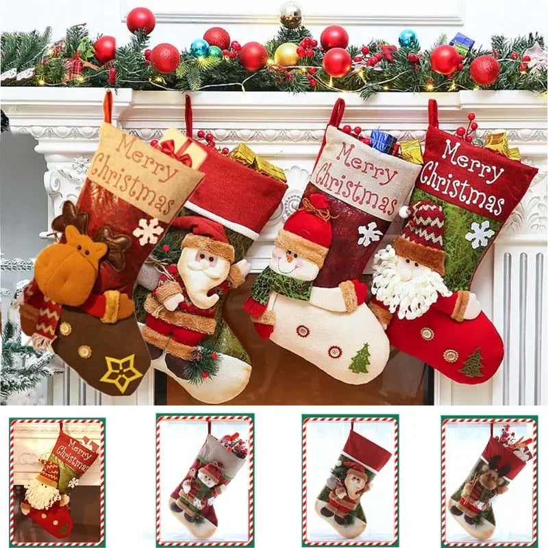 1pcs Christmas Stocking Snowman Santa Elk Kid Candy Gift Bag Sock Fireplace Decor New Year  Xmas Christmas Tree Ornaments Holder