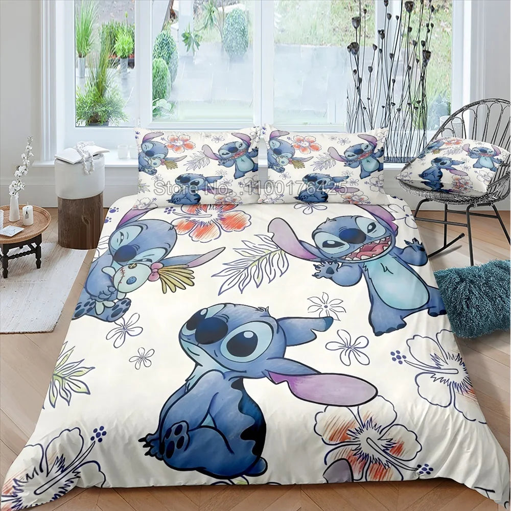 Anime Stitch Bedding Set – 3D Cartoon Printed Quilt Duvet Cover Set with Pillowcase, Comfortable for Kids' Bedroom, Home Decor 